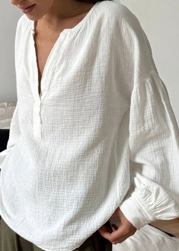 Plus Size White V Neck Patchwork Cotton T Shirts Fall