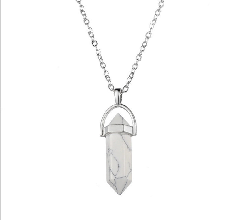 Fashion Hexagon Prism Alloy Natural Stone Cable Chain Pendant Necklace In Bulk