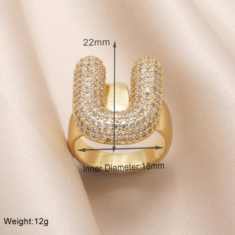 Copper 18K Gold Plated Modern Style Minimalist Plating Inlay Letter Zircon Open Rings