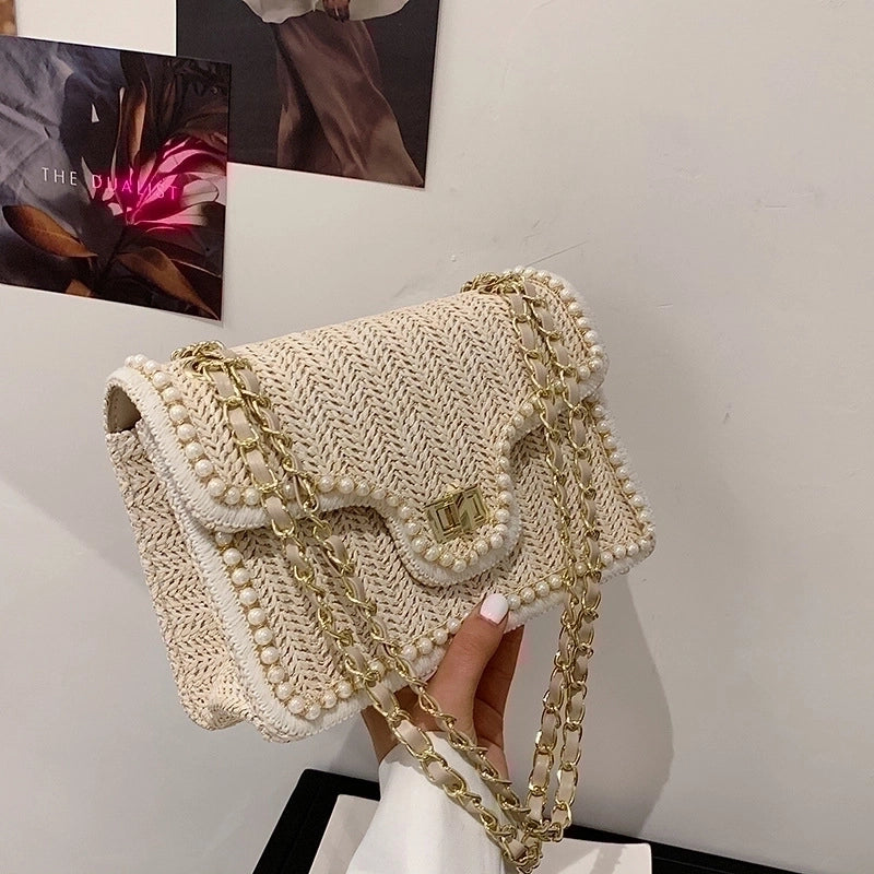 Women's Medium Straw Solid Color Fashion Square Flip Cover Shoulder Bag