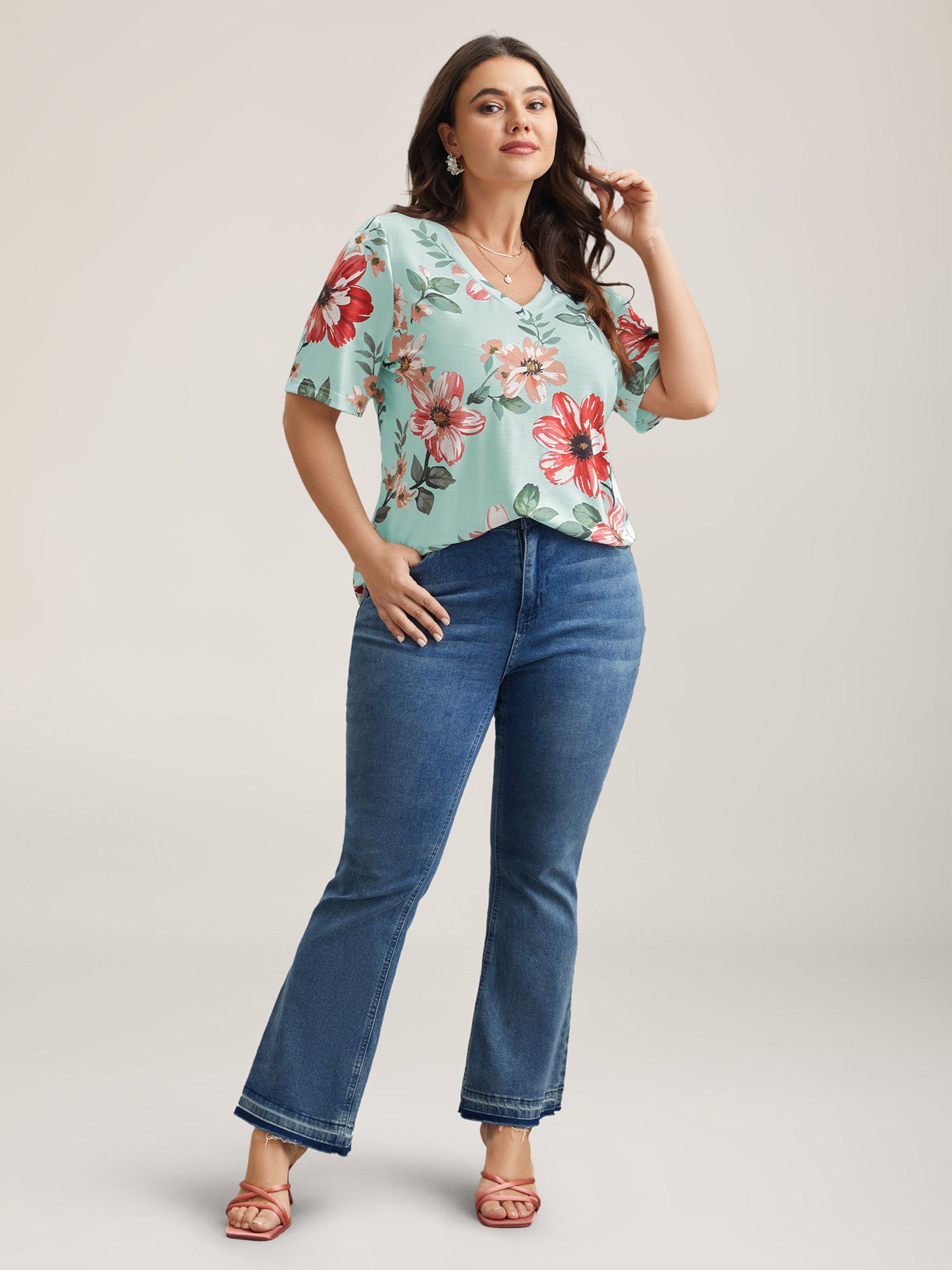 Multi-Color Floral Print V-Neck T-Shirt