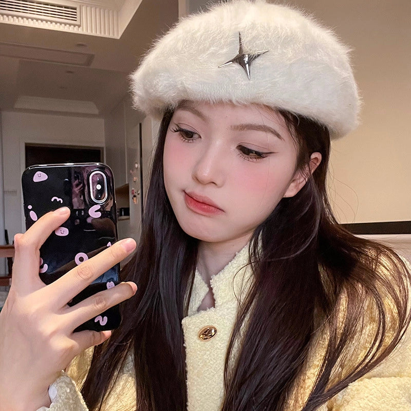 New White Plush Rabbit Fur Anti-wear Beret For Women New Autumn And Winter Face-looking Small Forward Hat Painter Hat