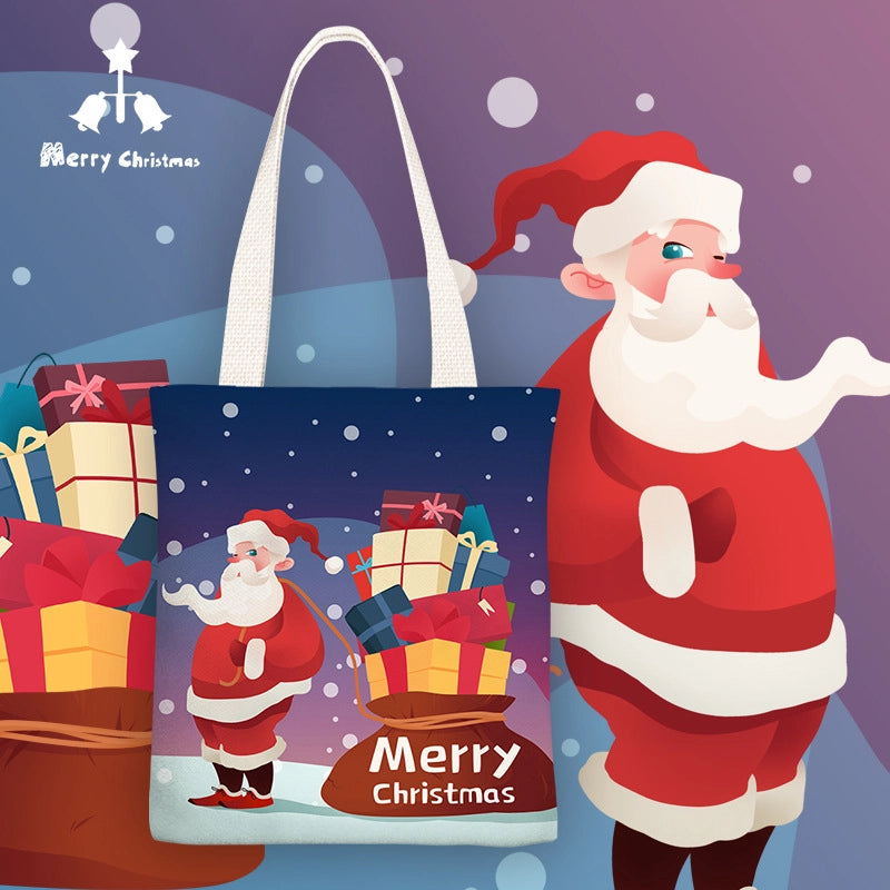 Christmas Women's Medium Canvas Santa Claus Cute Zipper Shoulder Bag Tote Bag
