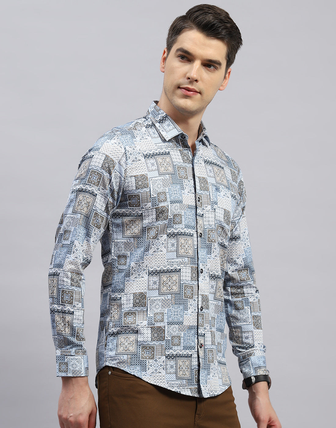 Men Blue Printed Collar Full Sleeve Shirt