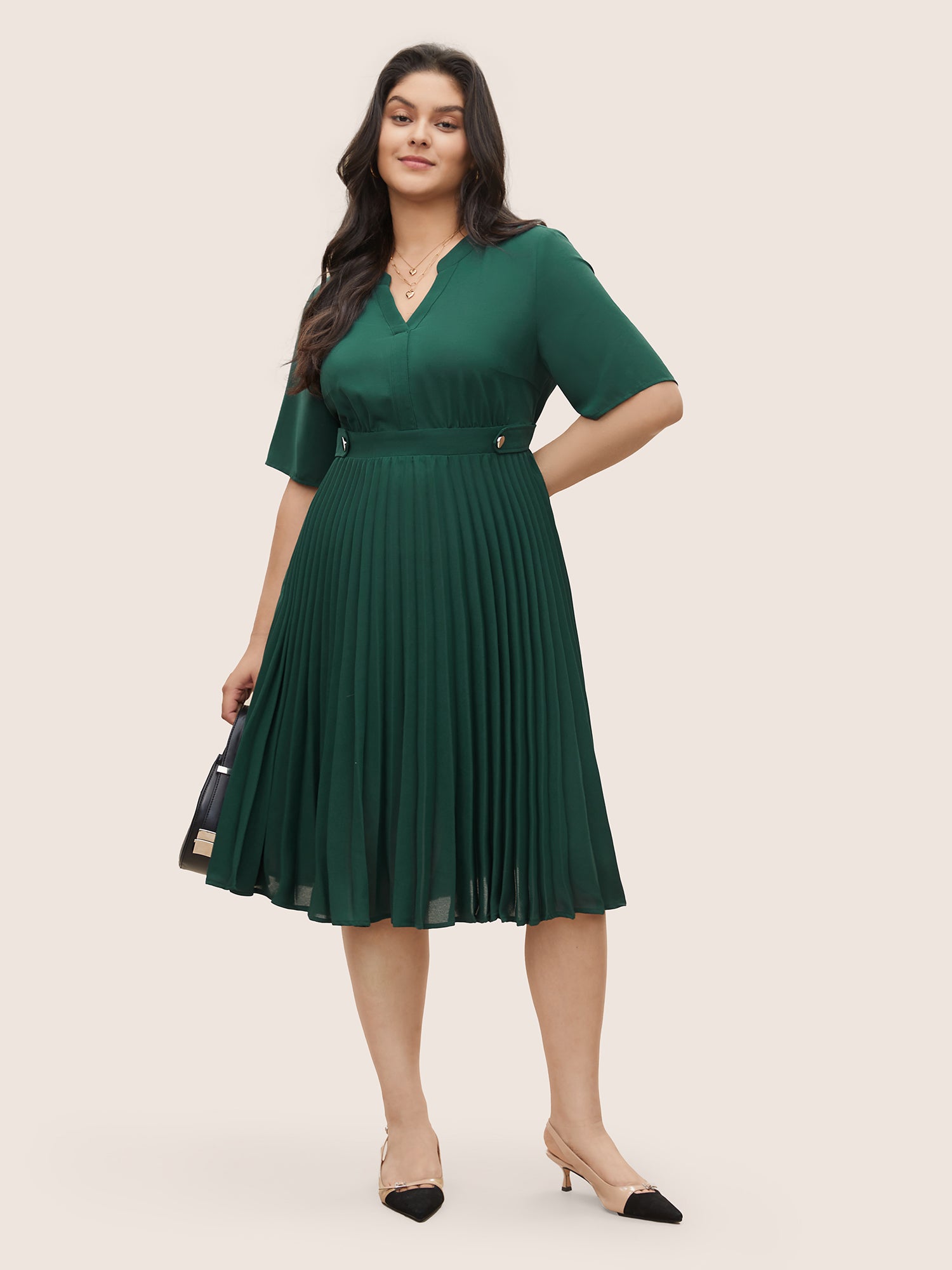 Solid Button Detail Notched Pleated Hem Dress