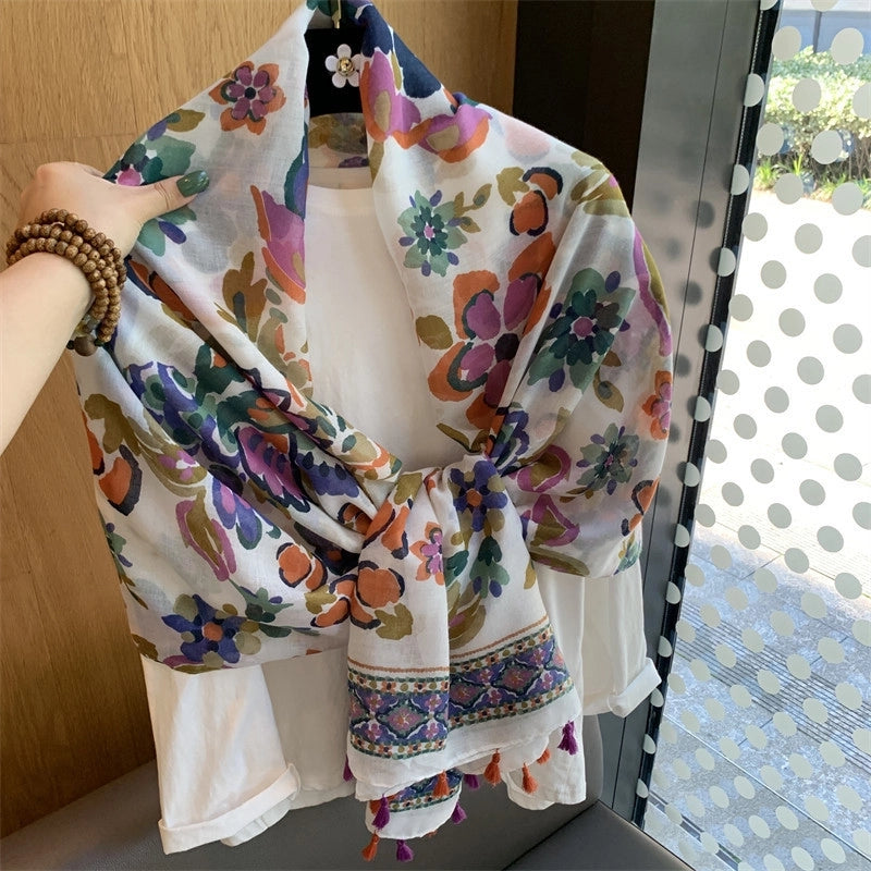 Women's Silk Scarf Summer Versatile Thin Scarf Cotton And Linen Scarf Blue Feather Tassel Beach Towel Sunscreen Shawl