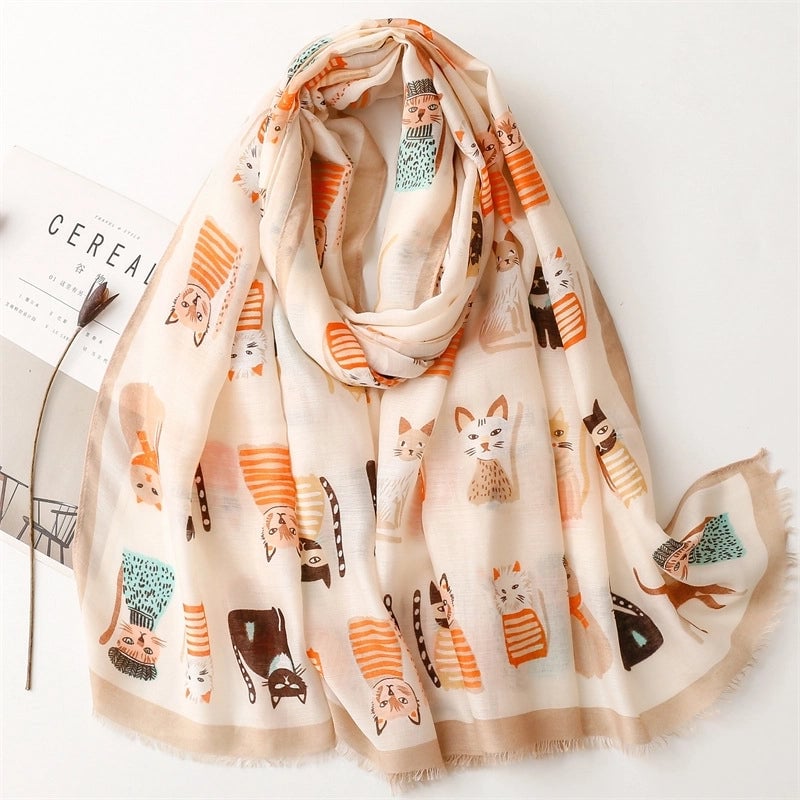 Broadcast Cute Kitten Paradise Printed Silk Scarf Satin Cotton Long Scarf Spring And Autumn Sunscreen Travel Scarf