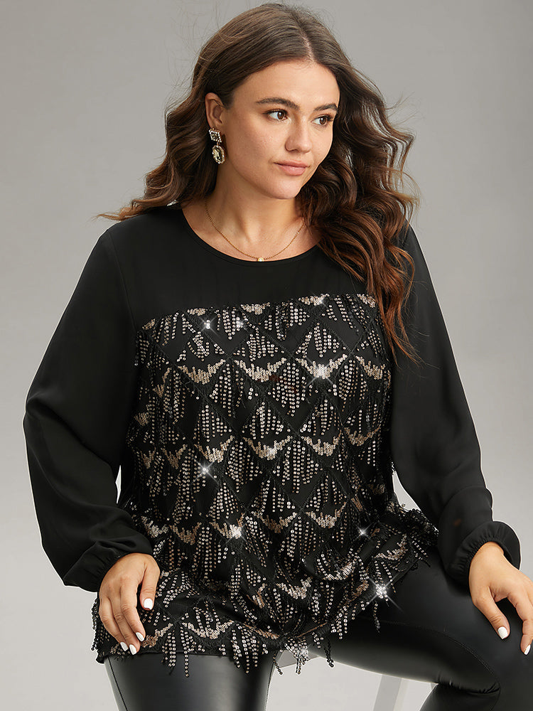 Sequin Tassel Trim Patchwork Lantern Sleeve Blouse