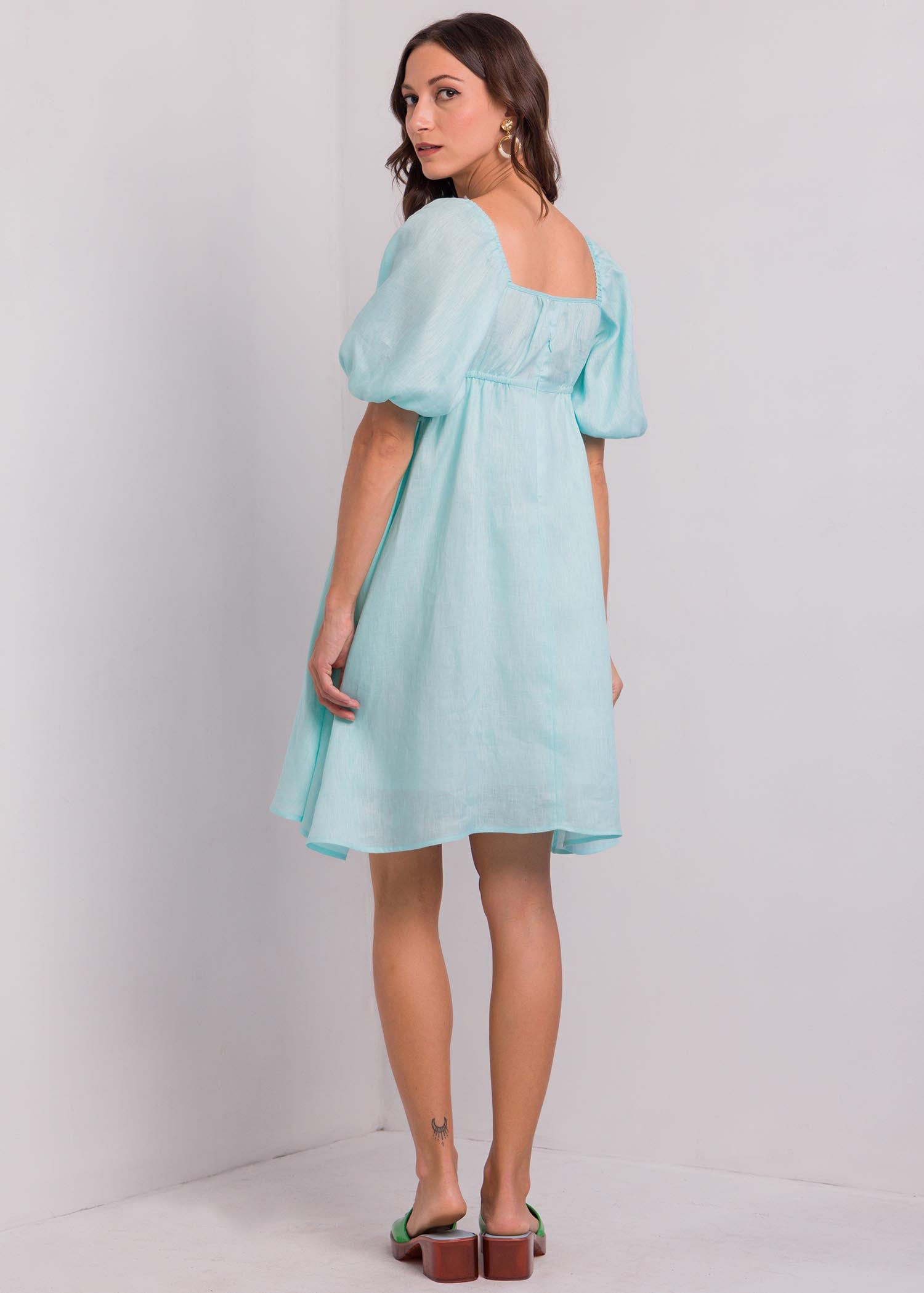 Linen Dress With Puff Sleeves