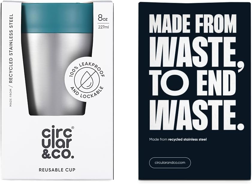 Circular & Co Thermal Stainless Steel Travel Mug - 8oz/227ml - Insulated Reusable Coffee Cup - 100% Leakproof & Lockable - 6 Hours Hot/Cold - Push Top, One Hand Open, 360 Drinking Coffee Tumbler
