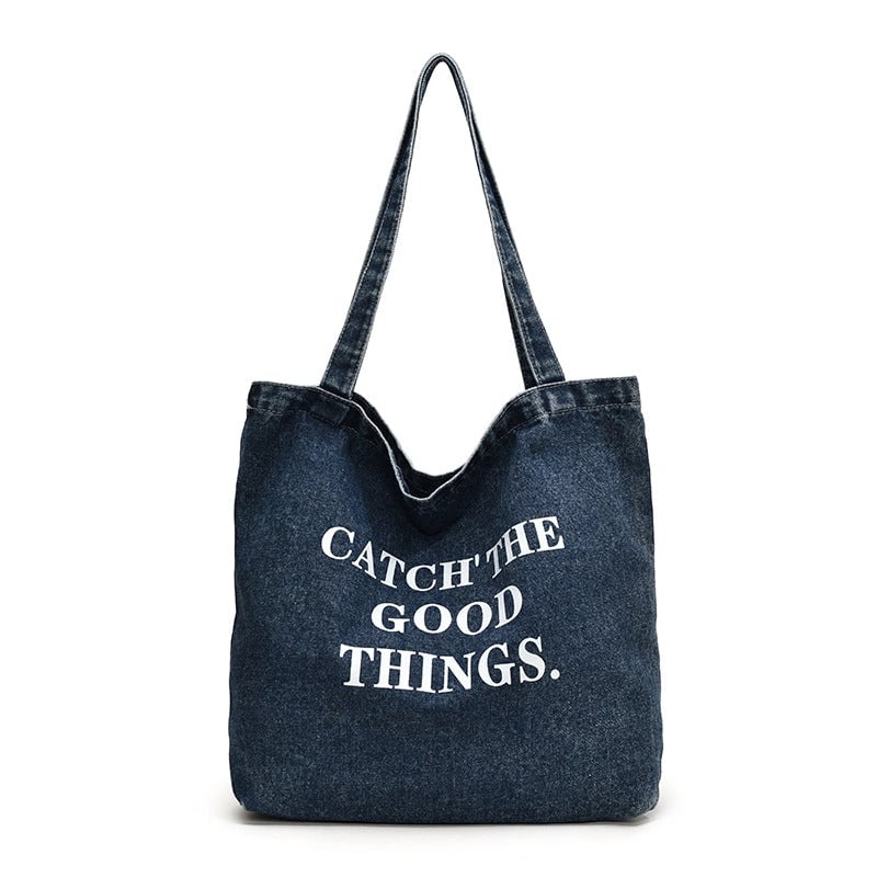 Women's Denim Letter Vintage Style Sewing Thread Square Magnetic Buckle Tote Bag