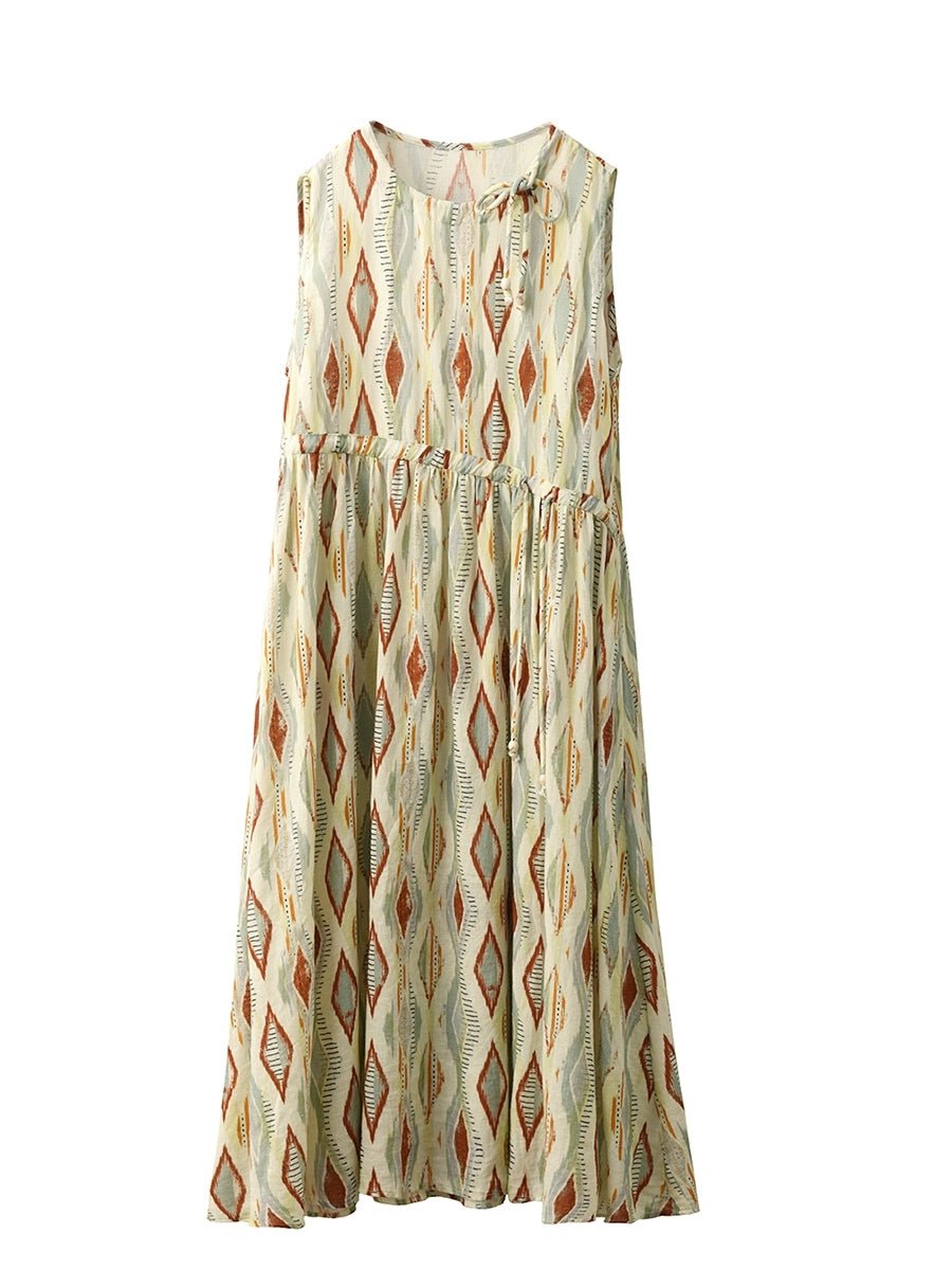 Women Summer Vintage Rhomboids O-Neck Ramie Vest Dress
