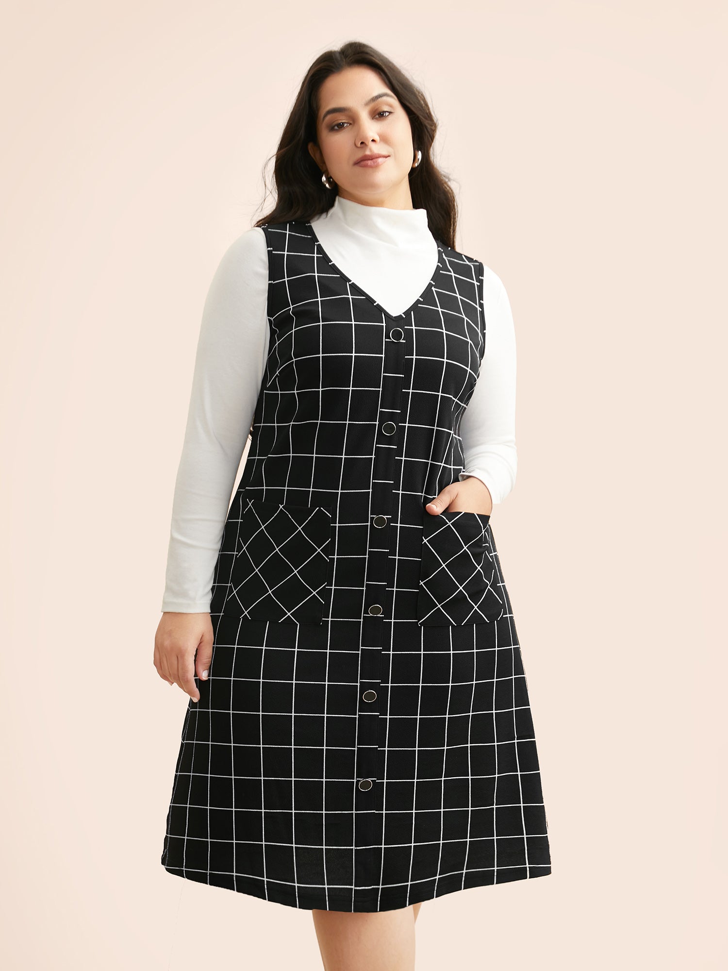 Plaid V Neck Button Detail Dress