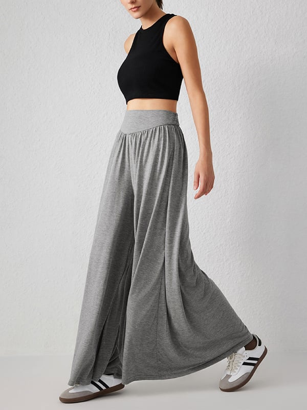 High Waisted Loose Pleated Pockets Solid Color Split-Joint Pants Trousers