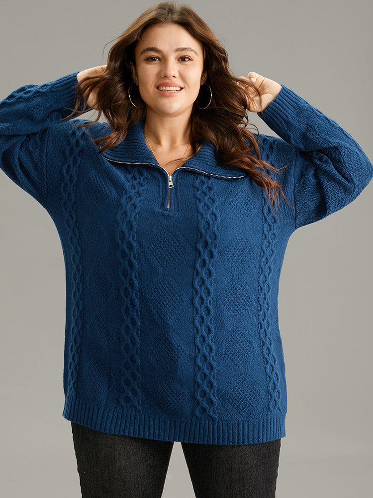Zipper Lapel Collar Cable Knit Pullover