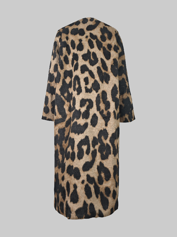 Long Sleeves Loose Buttoned Leopard Pockets Split-Joint V-Neck Outerwear Trench Coats