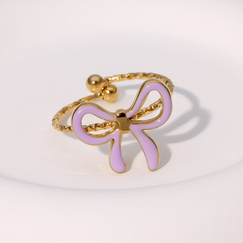 Fashionable Simple Cute Sweet Ins-Style Gold-Plated Bow-Knot Open Stainless Steel Ring Jewelry For Women