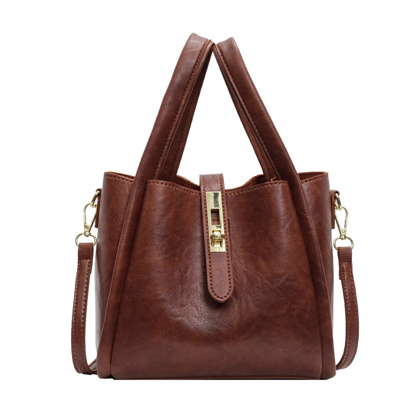Women's Pu Leather Solid Color Basic Sewing Thread Bucket Lock Clasp Shoulder Bag Handbag Crossbody Bag