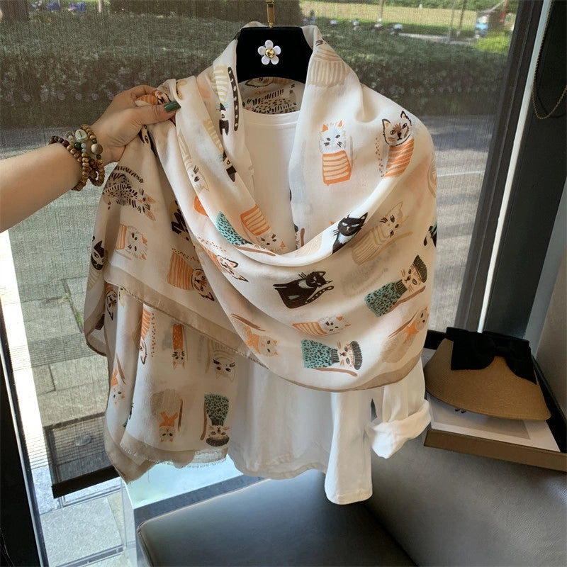 Women's Silk Scarf Summer Versatile Thin Scarf Cotton And Linen Scarf Blue Feather Tassel Beach Towel Sunscreen Shawl