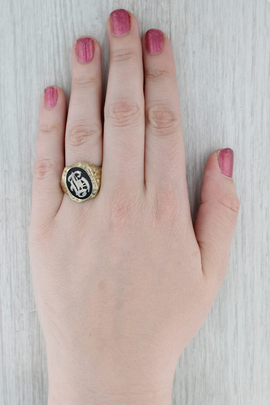 Vintage Ornate Old English Letter G Onyx Signet Ring 14k Gold Size 12