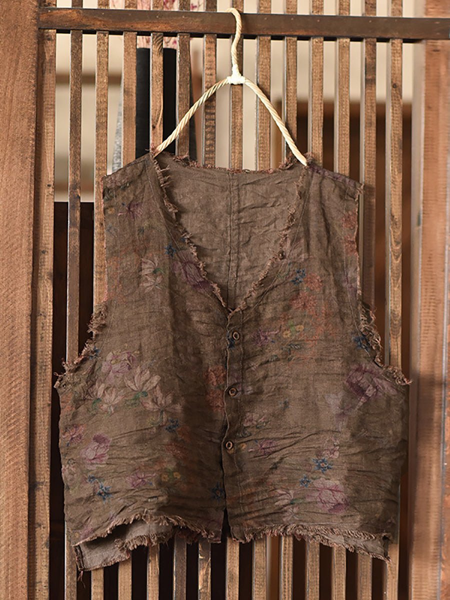 Women Vintage Floral Button-up Raw-edge Linen Vest