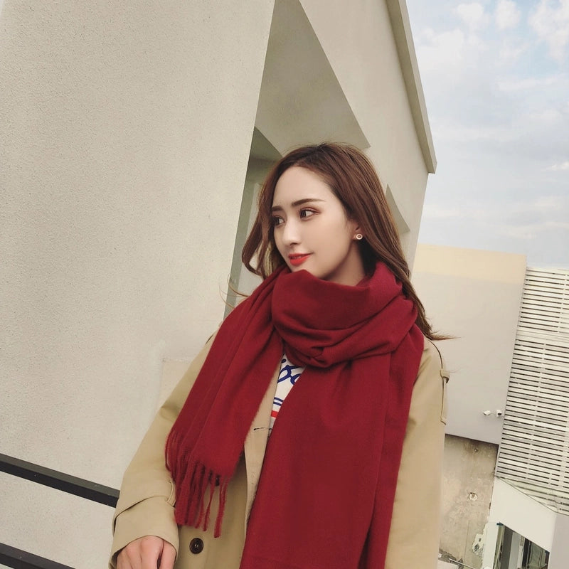 Big Red Scarf Thickened Cashmere Scarf Solid Color Women's Winter Explosions Cashmere Scarf Women's Wool Shawl