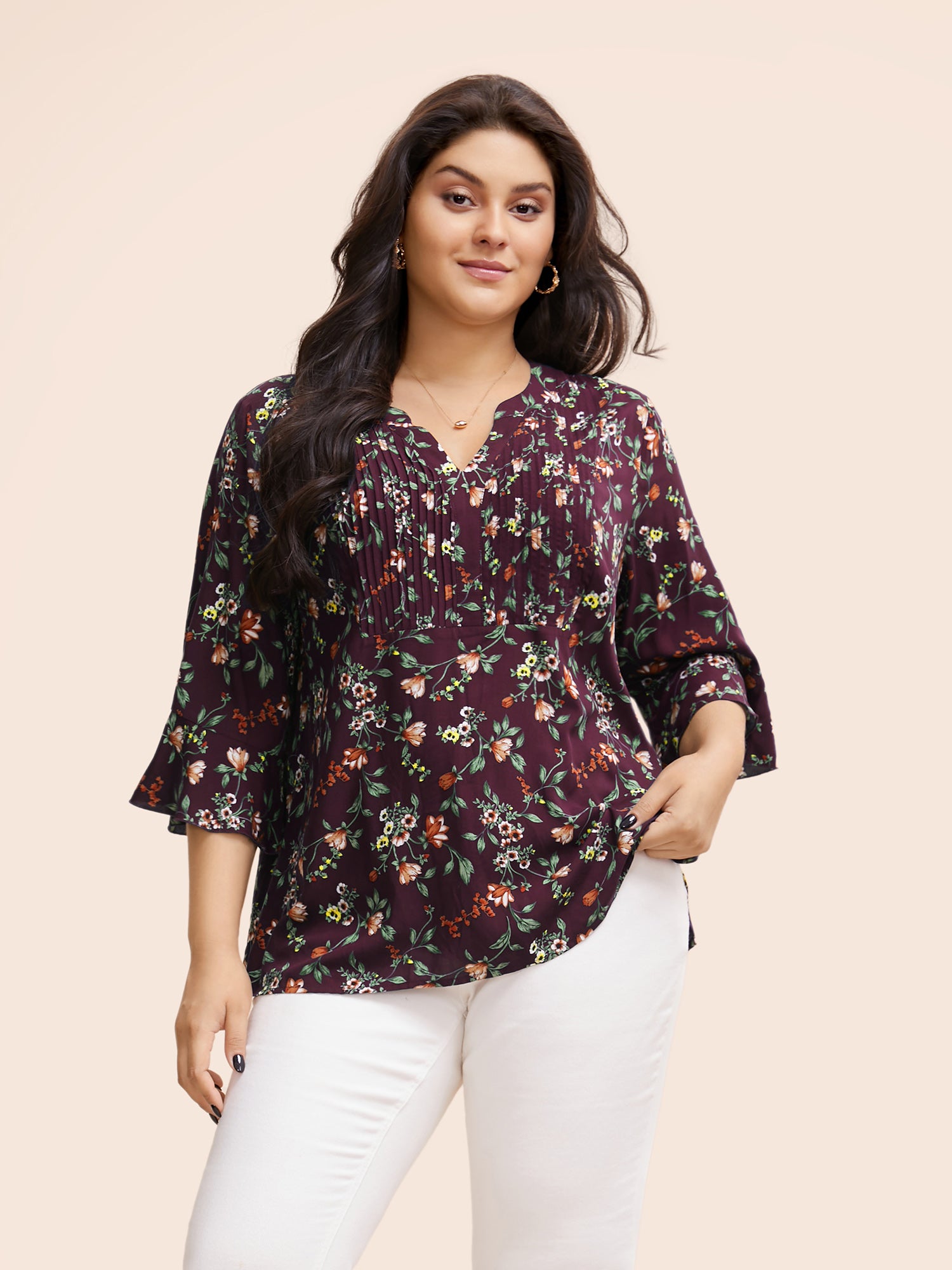 Ditsy Floral Pleated Flutter Sleeve Blouse