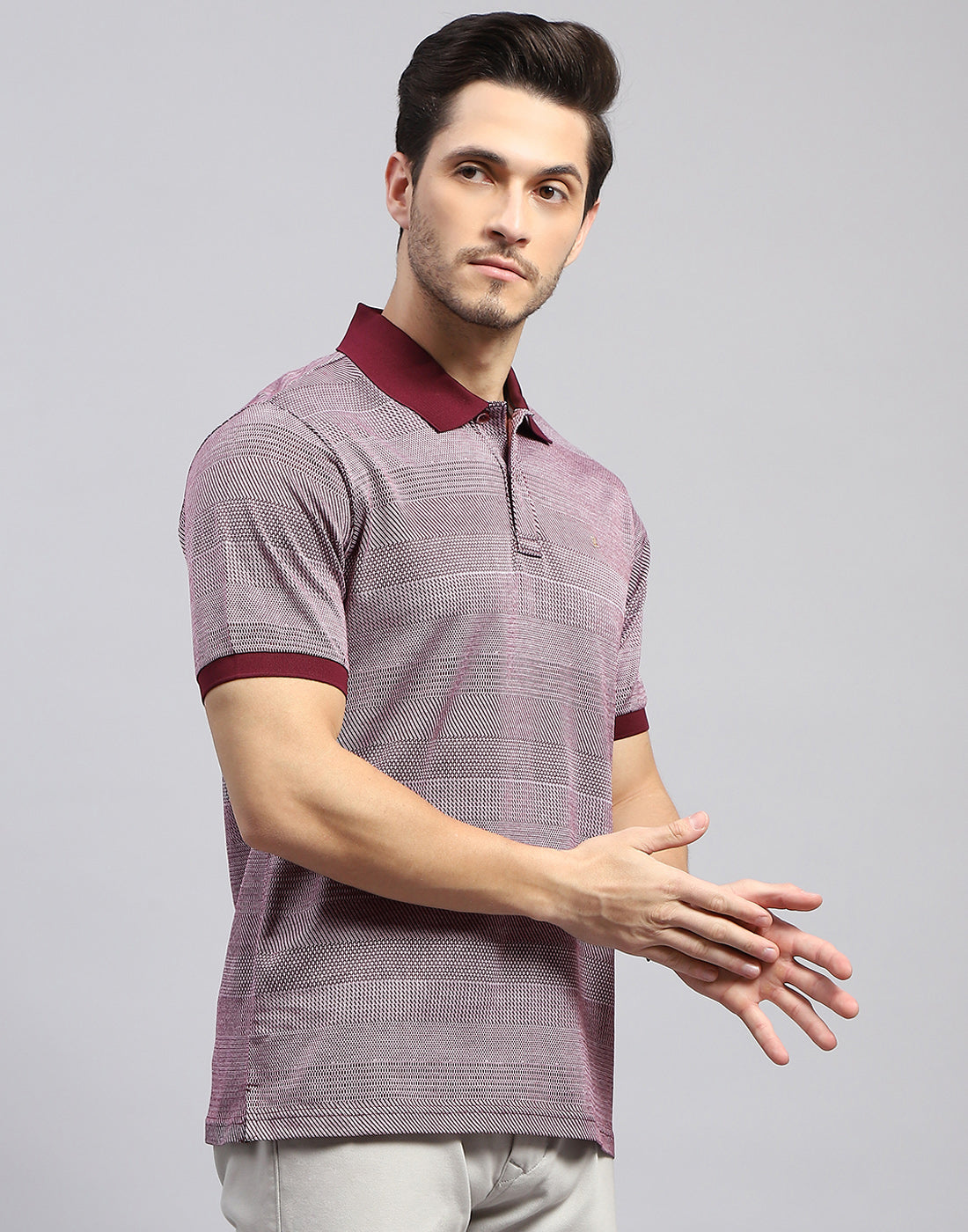 Men Maroon Self Design Polo Collar Half Sleeve T-Shirt