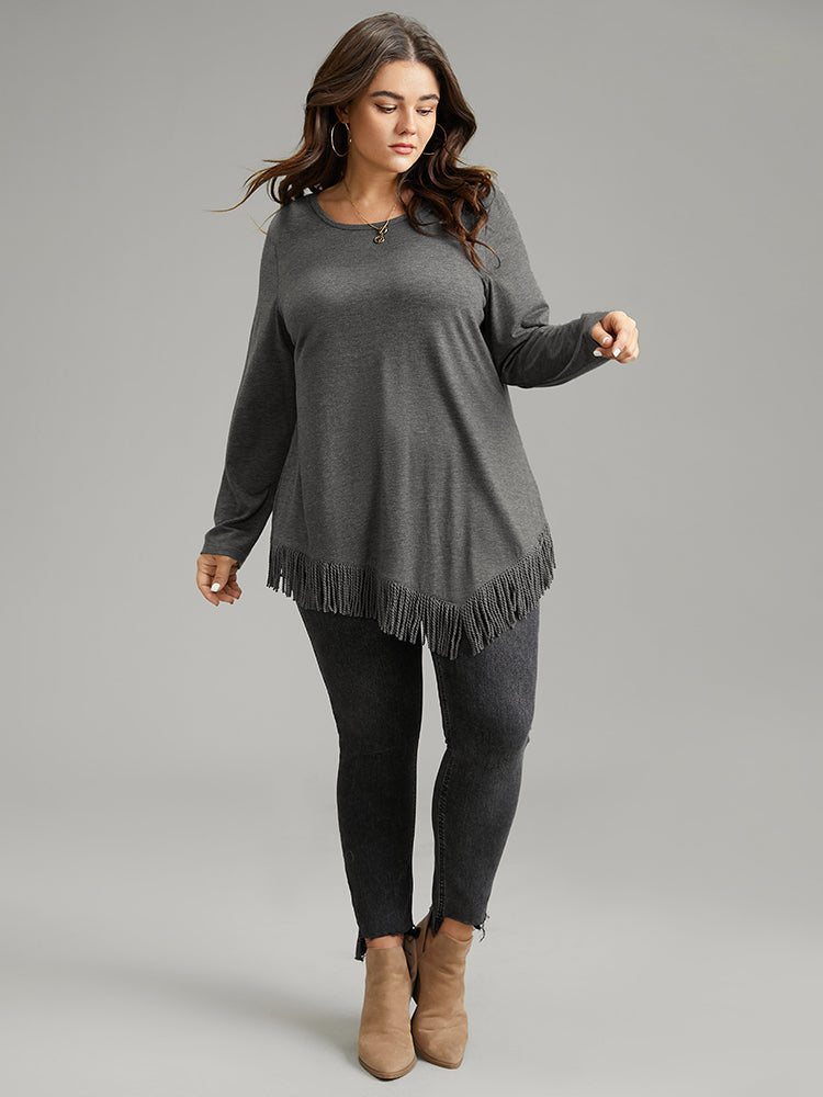 Plain Tassels Trim Hem Long Sleeve T-shirt