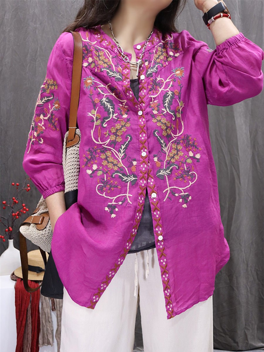 Women Summer Flower Embroidery O-Neck 100%Ramie Cardigan Shirt