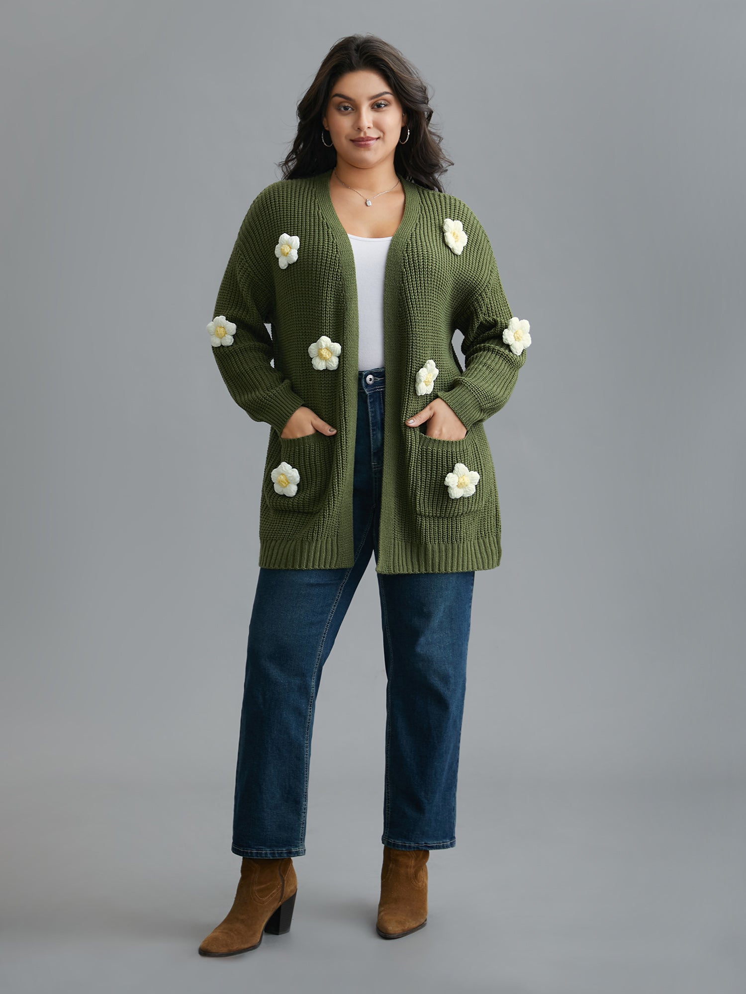 Floral Motifs V-Neck Pockets Knit Cardigan