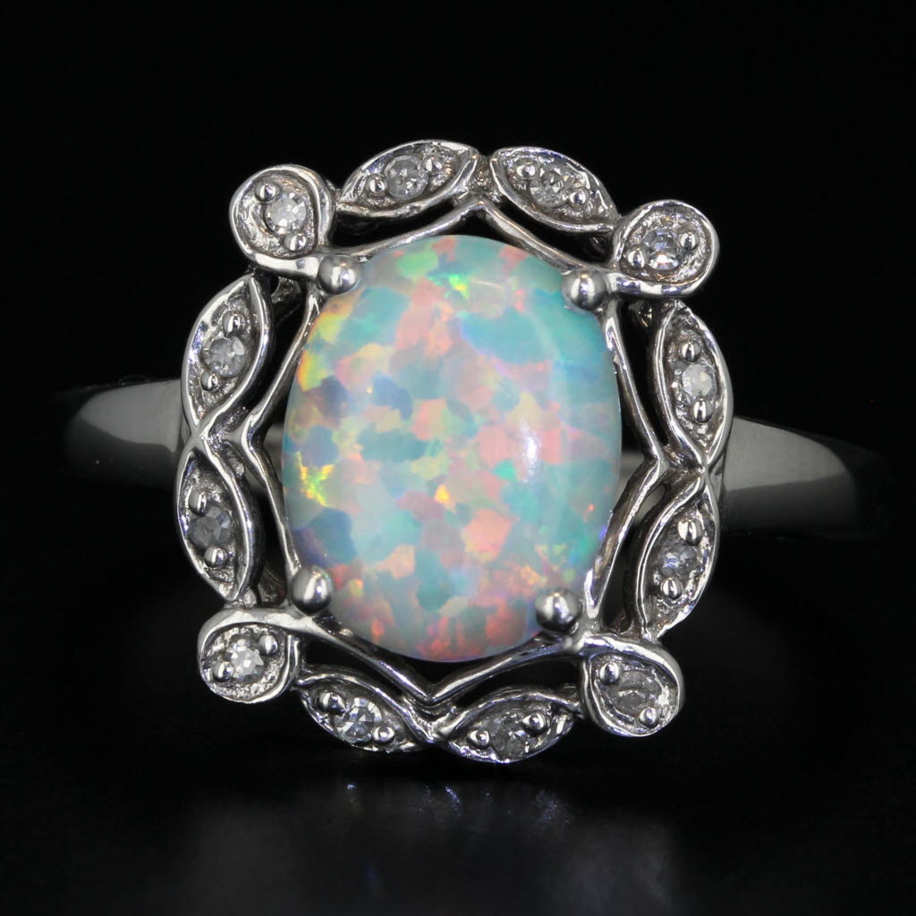 Lab Created Opal Diamond Halo Ring 10k White Gold Size 7.25 Oval Cabochon