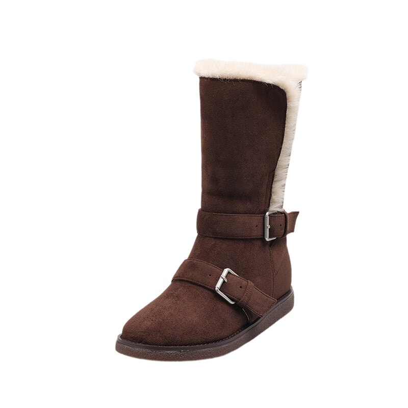 Foldable Suede Leather Mid Calf Snow Boots with Double Buckles in Coffee/Brown/Khaki