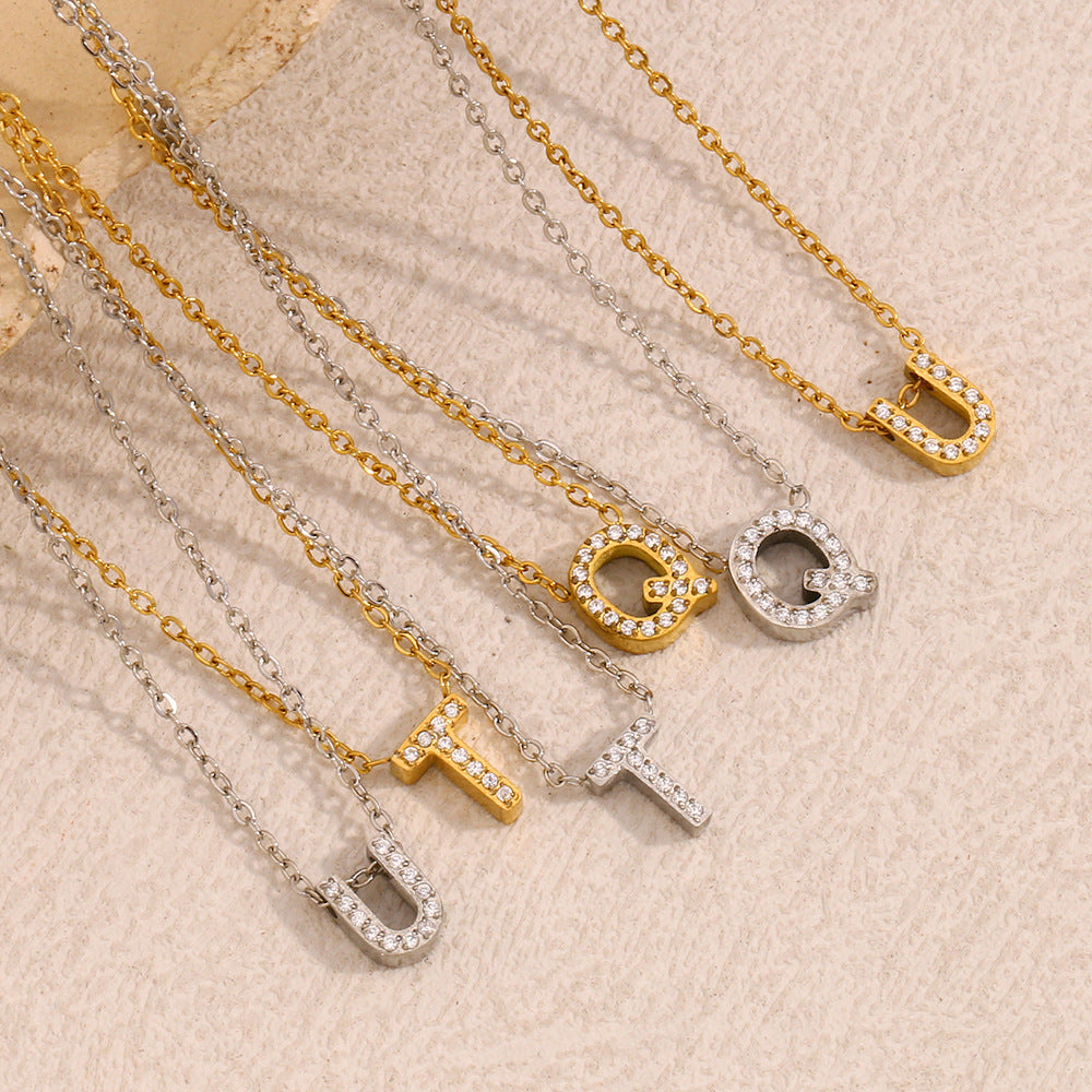 Fashionable And Simple 26 English Letter Pendant Stainless Steel Plated 18K Gold Diamond Small Letter Necklace For Women