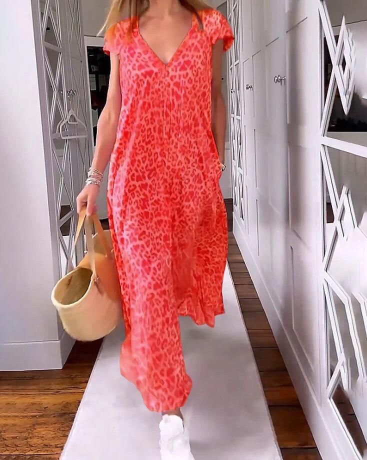 V-neck Printed Long Dress With Short Sleeves(Buy 2 Get Free Shipping)