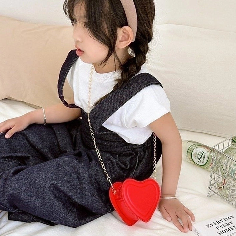 Girl's Pu Leather Heart Shape Solid Color Cute Heart-shaped Zipper Shoulder Bag Crossbody Bag Chain Bag