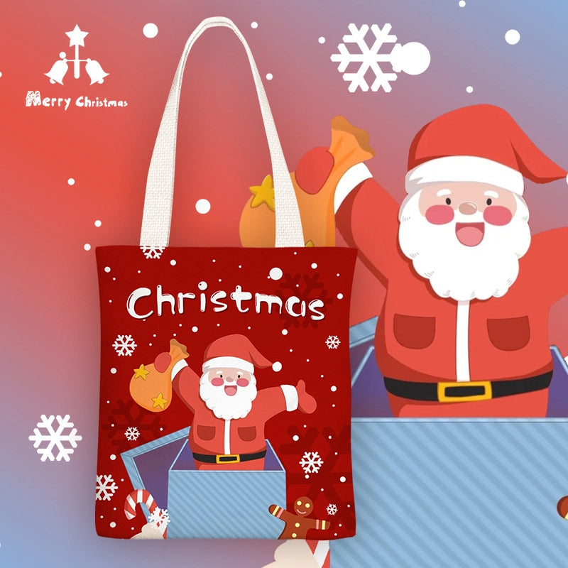 Christmas Women's Medium Canvas Santa Claus Cute Zipper Shoulder Bag Tote Bag