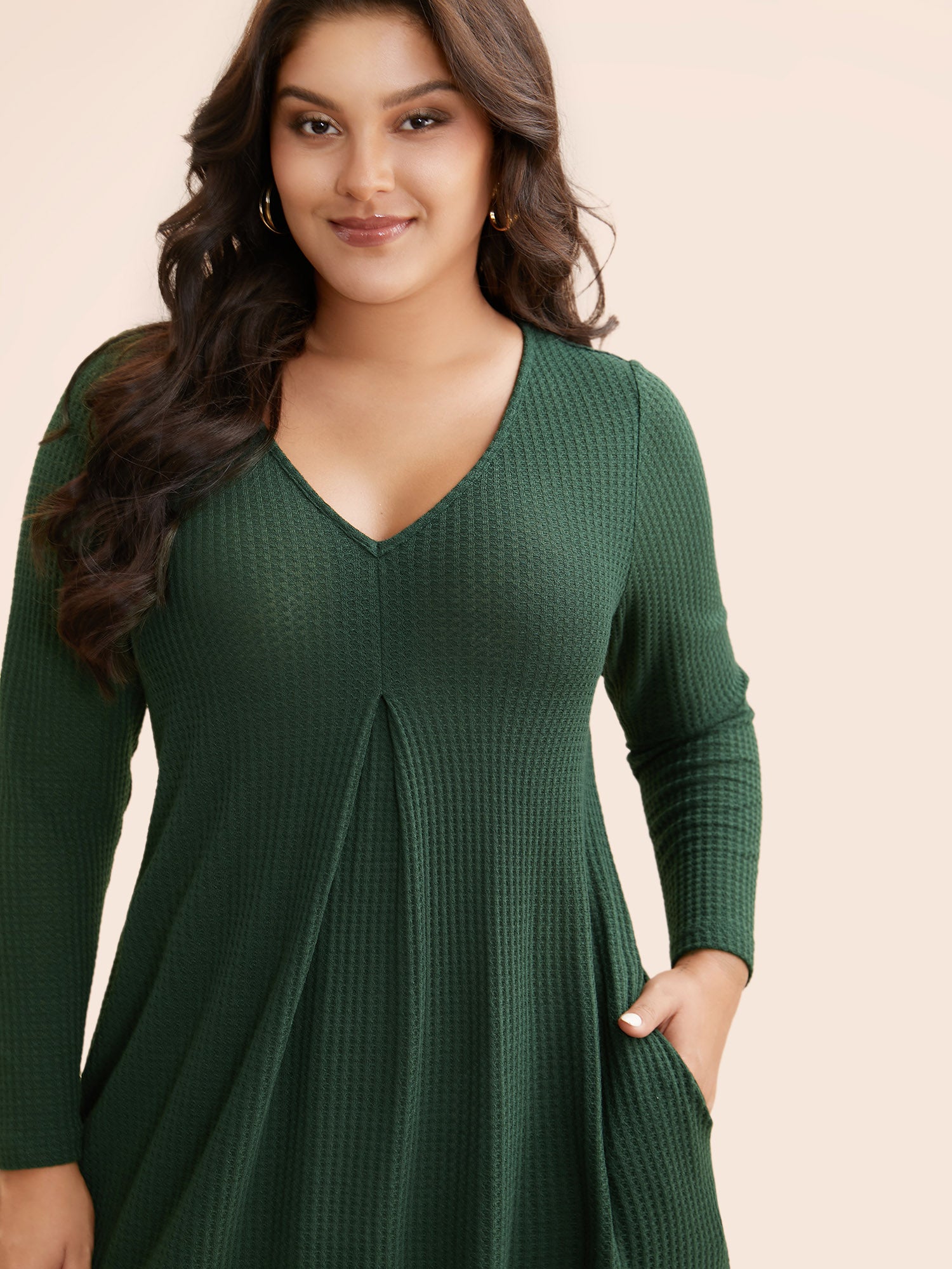 V Neck Waffle Knit Plicated Detail Dress