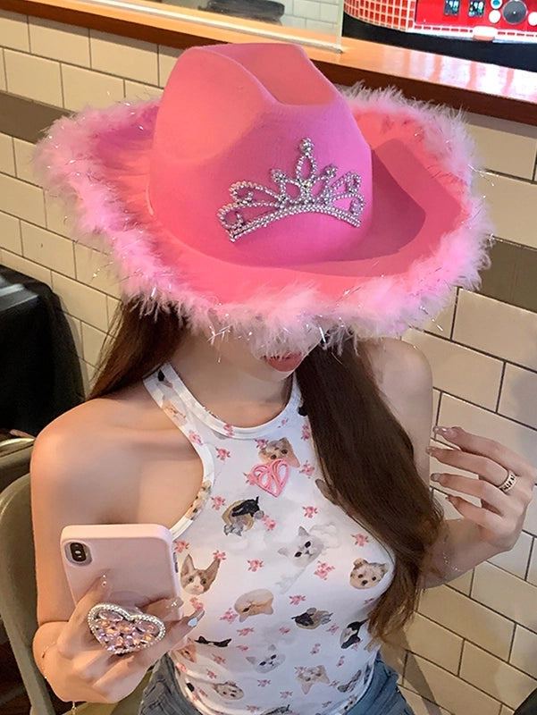 In Stock Pink Top Hat Crown Western Cowboy Hat Halloween Feather Edge Carnival Party Hat