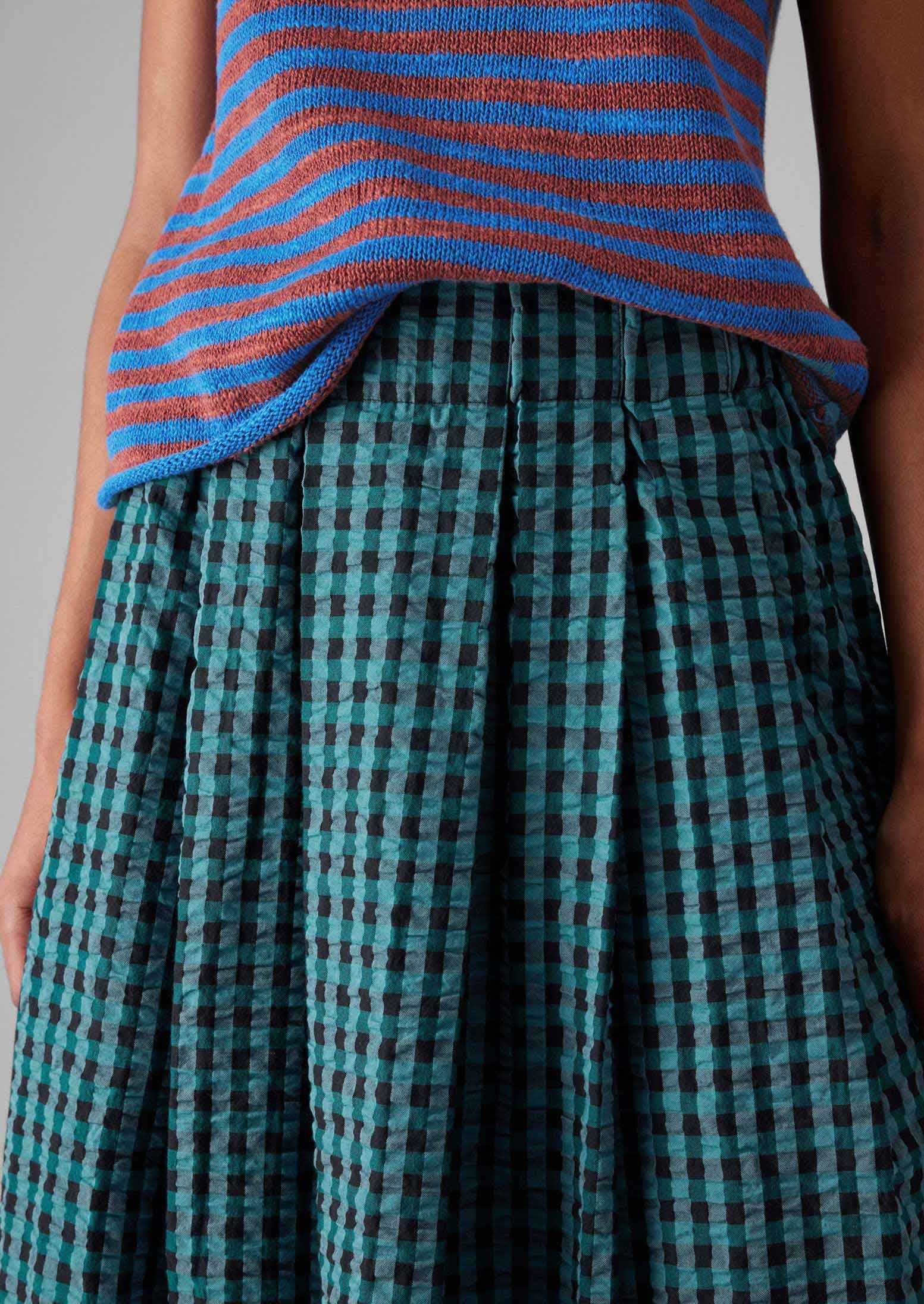 Seersucker Gingham Cotton Skirt | Teal Multi