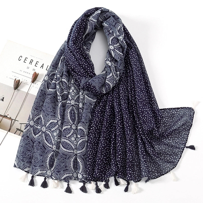 Women'S Sweet Flower Cotton And Linen Tassel Scarf