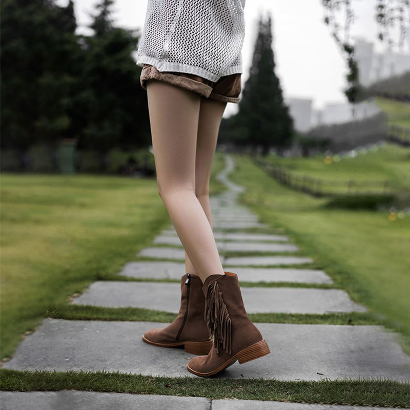 Women's Nubuck?Leather Mid Calf Tassels Boots With Side Zipper In Camel/Khaki