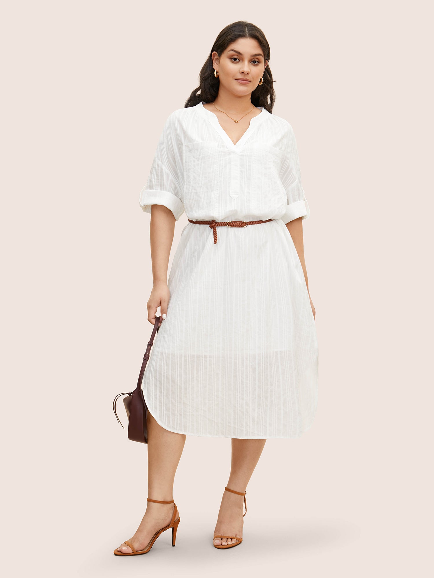 Notched Mesh Patched Pocket Button Cuff Sleeve Dress