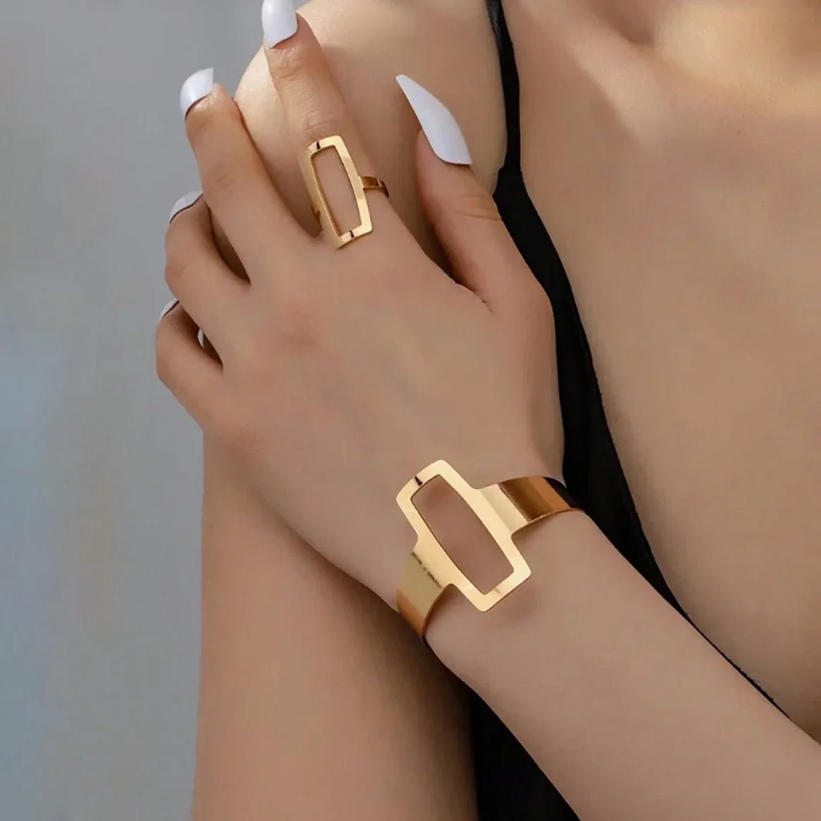 Adjustable Geometric Rectangle Bracelet and Ring Set