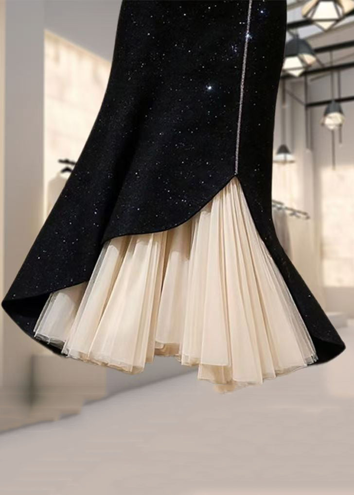 French Black High Waist Chiffon Patchwork Skirt Spring