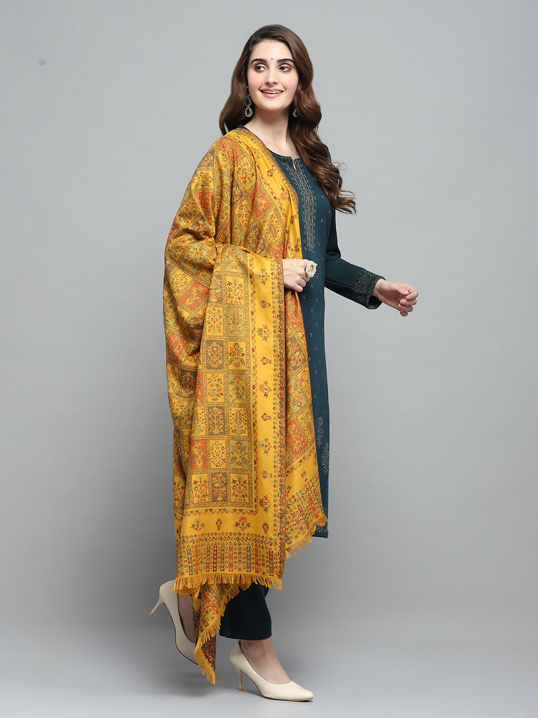 Women Mustard Self Design Shawl