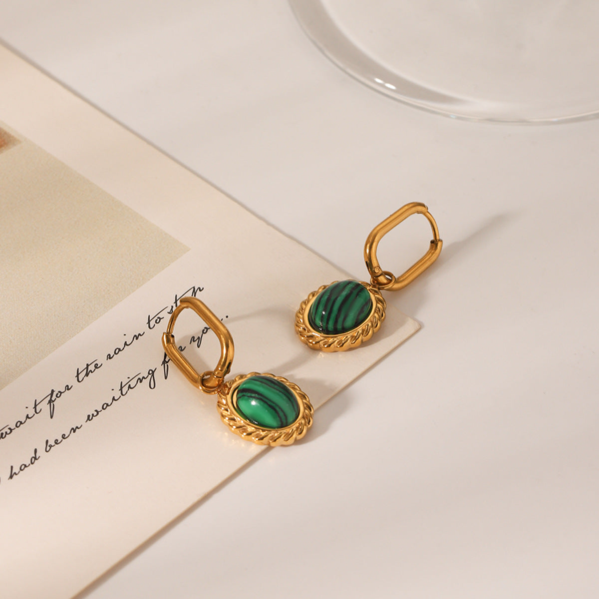 Retro Style Twisted Oval Stainless Steel Inlaid Malachite Pendant Earrings For Women