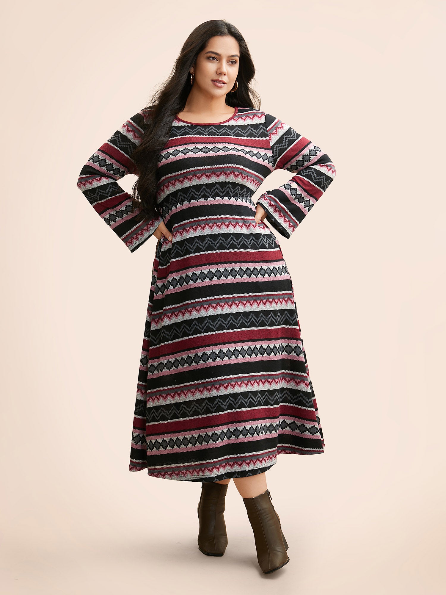 Geometric Striped Bell Sleeve Knit Dress