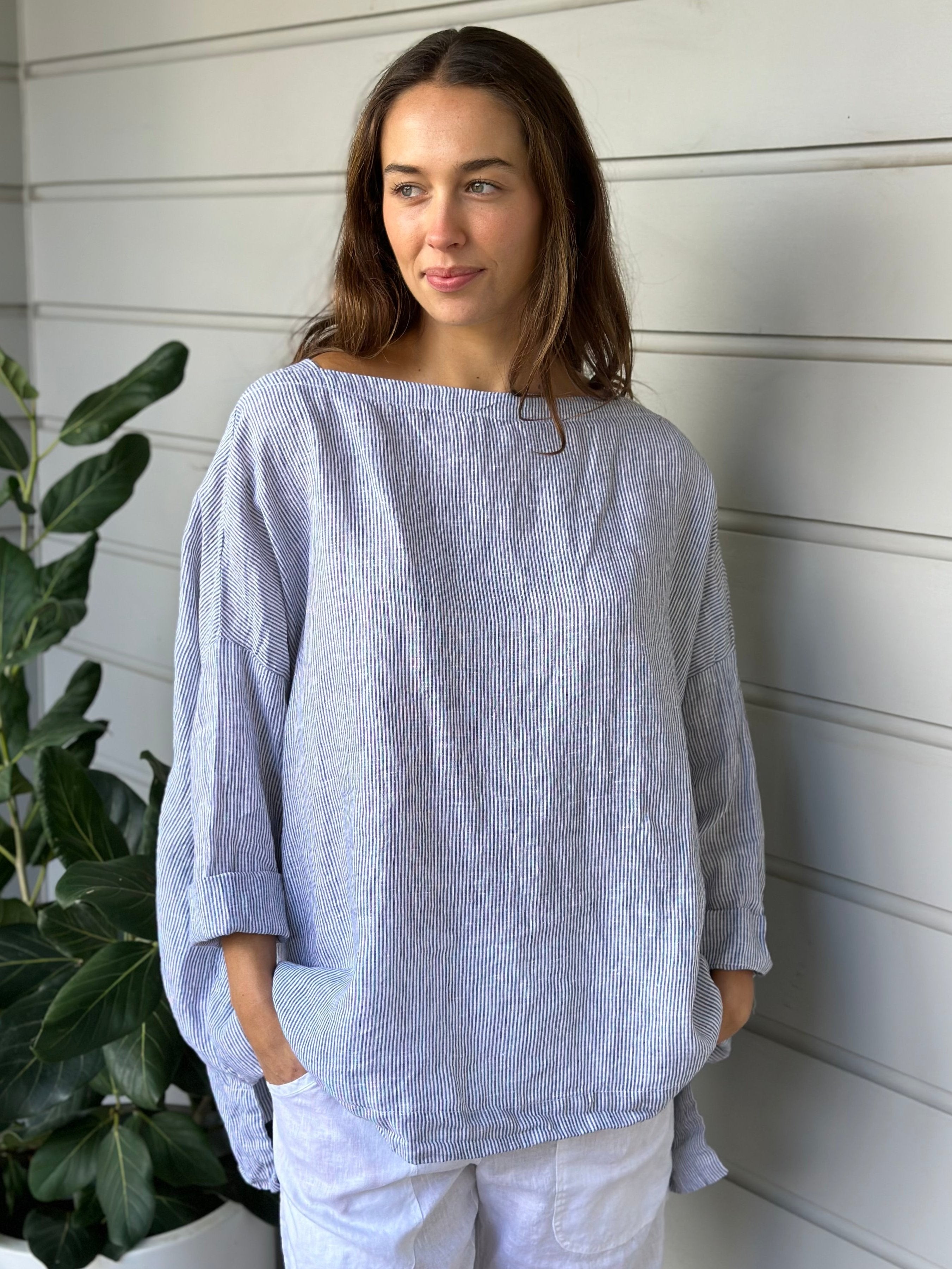 avril top - fine grey stripe linen