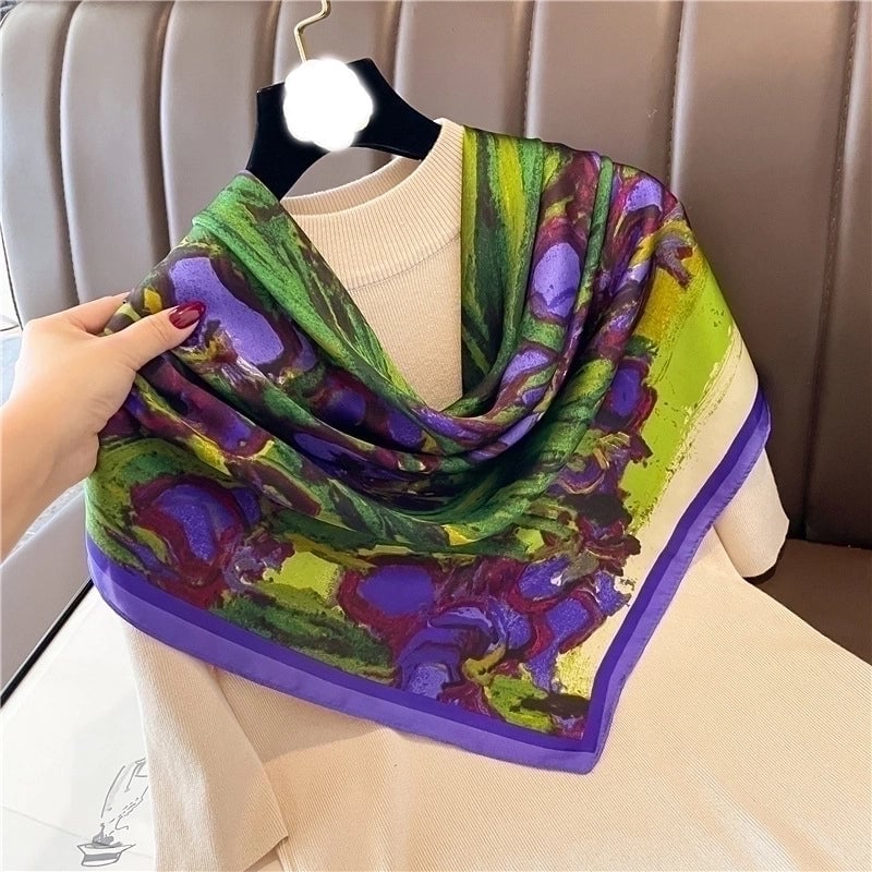 Women's Elegant Sweet Minimalist Color Block Satin Printing Floral Silk Scarf